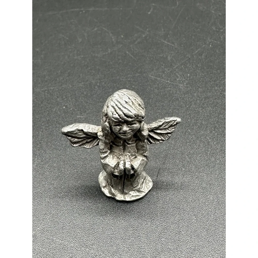 Vintage Pewter Angel Figurine Praying Design Small Metal Collectible Shelf Decor